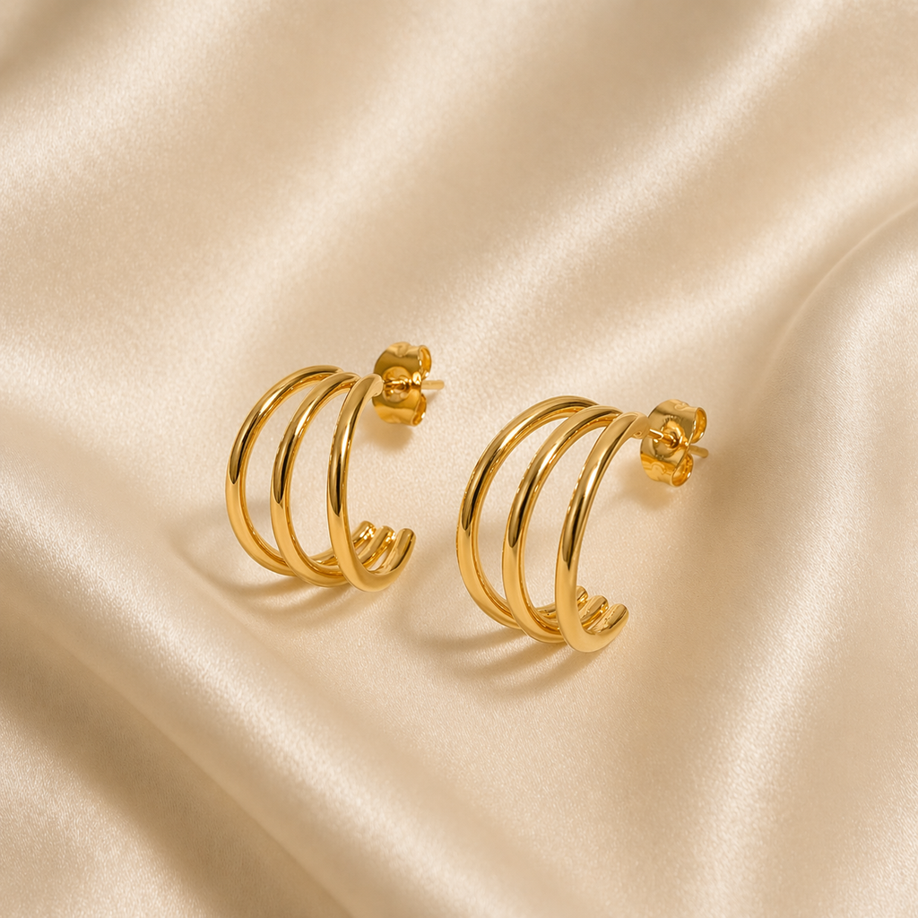 Pendientes de tres aros bañados en oro