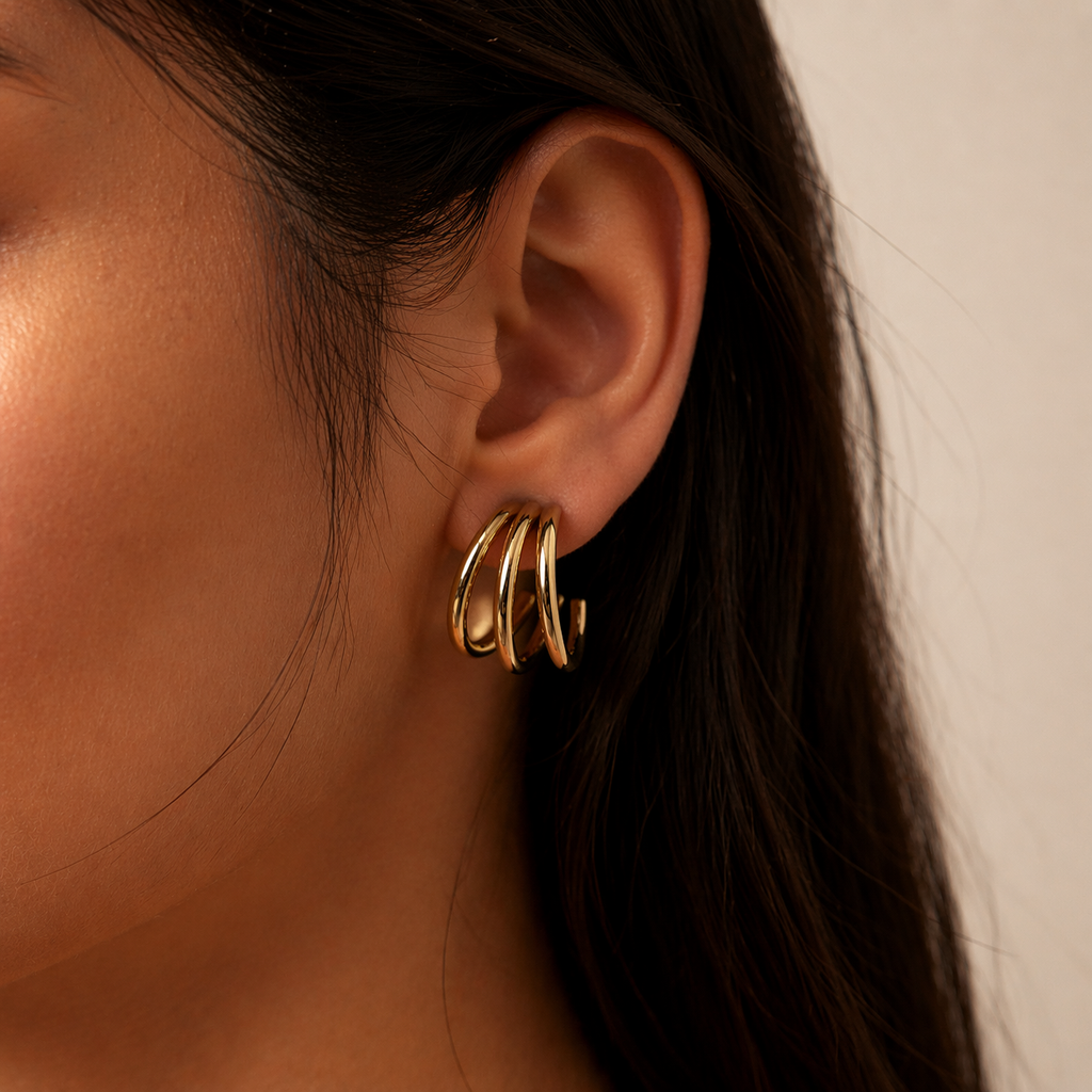 Pendientes de tres aros bañados en oro